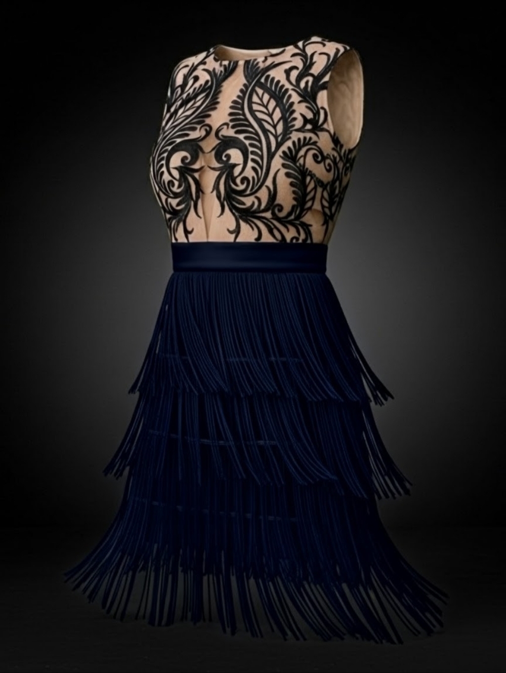 Midnight Blue Midi w/ Intricate Embroidery And Fringe Detail